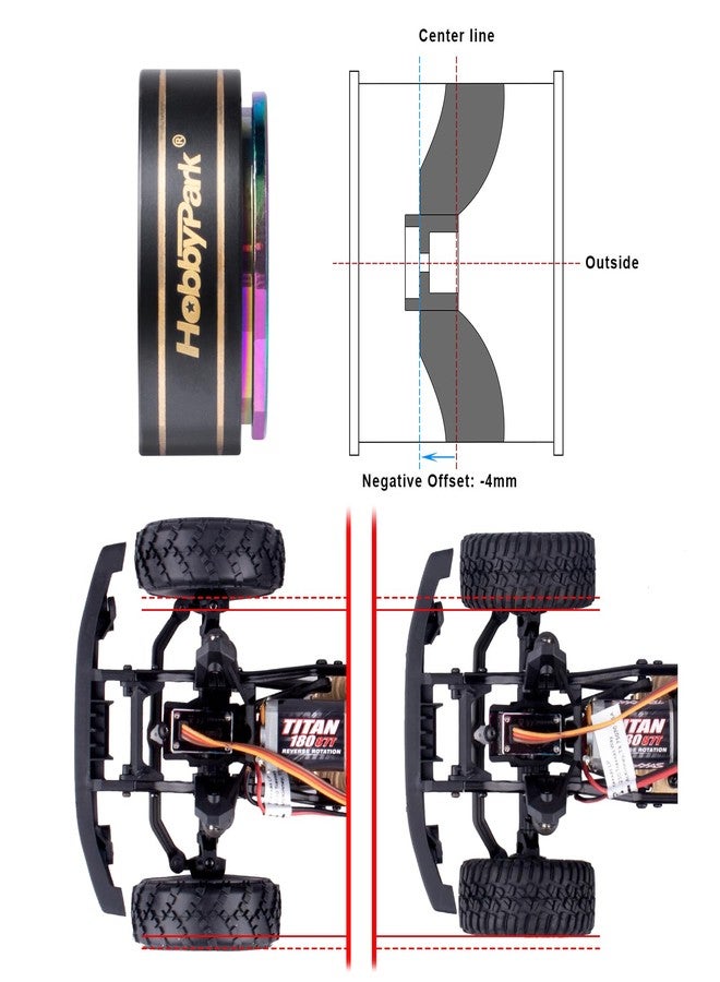 هوبي بارك عجلات HobbyPark ذات الإزاحة السالبة -4 مم، مقاس 1.0 بلس، مزودة بنظام تثبيت الخرز، وإطارات قوس قزح وإطارات لاصقة مقاس 1.0، مقاس 62 × 21 مم، مناسبة لسيارات الزحف التي تعمل بالتحكم عن بعد TRX4M AX24 SCX24 FCX24 Enduro24 بمقياس 1/18 و1/24، مجموعة من 4 قطع - Image 2